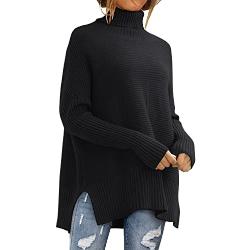 LILLUSORY Pull surdimensionné à col roulé pour femme, pull tunique en tricot côtelé à manches chauve-souris, noir, Taille S