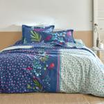 Linge de lit Colombine bleu à motif fleurs lavable en machine style campagne 