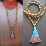 Long Sautoir Bois Style Japa Mala, Perles De Howlite Turquoise Et Pompon Tie Dye - Boho -Ethnque Hippie Chic