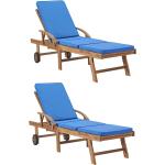 Chaises longues en bois Helloshop26 bleues en teck avec coussins en lot de 2 