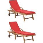 Chaises longues en bois Helloshop26 rouges en teck avec coussins en lot de 2 
