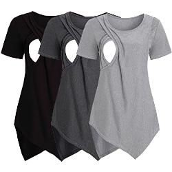 Lot de 3 t-shirts kangourou pour bébé - Manches courtes - Col rond - Couleur unie - Haut d'allaitement asymétrique - Pour l'allaitement - Robe de grossesse festive - Col en V, gris foncé, L