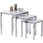 Lot de 3 tables gigognes LUNA, en métal chromé et décor blanc brillant