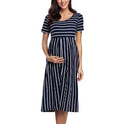 Love2Mi Robe de maternité à manches courtes pour femme - Style décontracté - Coupe trapèze, Bleu marine à rayures blanches., XL