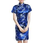 Robes de cocktail bleues à fleurs en brocart à motif fleurs à manches courtes Taille XL look asiatique pour femme 