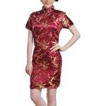 Robes fleuries rouges à fleurs en brocart à motif fleurs à manches courtes Taille XL look asiatique pour femme 