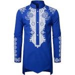 Chemises bleu roi imprimé africain à motif Afrique imprimées lavable en machine à manches longues col mao Taille S style ethnique pour homme 