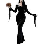 Robes de cocktail noires en velours La Famille Addams Morticia Addams à épaules dénudées Taille XL rétro pour femme 