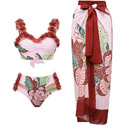 Maillot de Bain 2 pièces Taille Haute à Imprimé Floral et Jupe Longue Enveloppante pour Femmes Rouge M