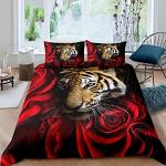 Linge de lit rouge framboise en satin à motif tigres 100x135 cm pour enfant 