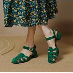 Sandales à talons vertes en cuir à talons carrés à boucles avec un talon entre 3 et 5cm look fashion pour femme 