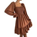 Robes de soirée longues d'automne marron en dentelle à strass mi-longues à manches longues à col carré Taille L plus size look fashion pour femme 