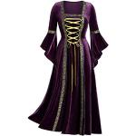 Robes en dentelle vintage de soirée violettes en velours à capuche maxi à manches longues Taille L plus size look médiéval pour femme 