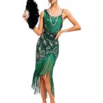 Robes de soirée pailletées Minetom vertes à franges sans manches à col en V Taille XXL look fashion pour femme 
