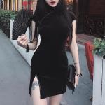 Robes en velours noires en velours minis à manches courtes Taille XL look asiatique pour femme 