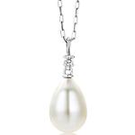 Miore Bijoux pour Femmes Collier avec Pendentif Perle d'eau douce blanche et Diamant 0.03 Ct Chaîne en Or Blanc 18 Carats / 750 Or