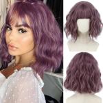 Perruques cosplay violettes en fibre synthétique à franges pour femme 