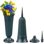 MissFox Lot de 2 vases funéraires avec piquet et piédestal 33 x 11 cm - En plastique - Sans gel - Pour décoration funéraire - Vase de fleurs - Pour tombeaux - Vert