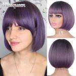 Perruques violet foncé en fibre synthétique à franges look fashion pour femme 