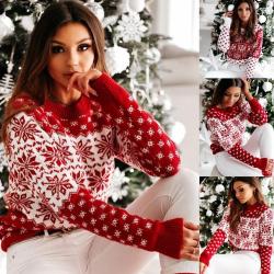 Femmes noël flocon de neige rouge blanc vêtements tricotés pull de noël à manches longues pull en tricot