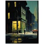 New York at Dawn Edward Hopper Style Oil Painting Yellow Green Blue Man Walking in Empty City Street Extra Large XL Wall Art Poster Print