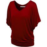 NiSeng Femme T-Shirt Manches Chauve-Souris V-Cou Décontracté Vrac Lâche Slim Shirt à Manches Courtes Vin Rouge S
