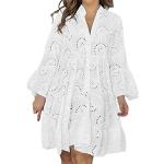 Robes vintage pin up blanches à fleurs à manches longues à col en V Taille XL plus size look Pin-Up pour femme 