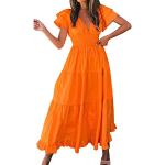 Robes de cocktail orange à carreaux en dentelle à capuche à manches longues à col en V Taille XL plus size look casual pour femme 
