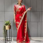 Saris indiens de mariage rouges imprimé Indien à sequins look fashion pour femme 
