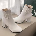 Boots Chelsea blanches en caoutchouc à talons carrés à bouts pointus à fermetures éclair look sexy pour femme 