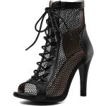 Chaussures de danse noires en fil filet à bouts ouverts Pointure 43 avec un talon de plus de 9cm plus size look sexy pour femme 