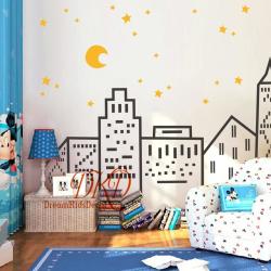 Nursery Wall Decal City House, Diy Cityscape Buildings With Stars Moon Baby Nursery Art, Hand Drawn Decals Stickers For Kids Bedroom