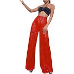 Pantalons taille haute rouges à fleurs en denim à paillettes stretch Taille XL plus size look casual pour femme 