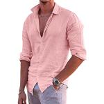 Chemises roses en lin à manches longues à col en V Taille XS look casual pour homme 