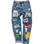 Jeans slim bleues foncé à motif fleurs stretch Taille L look Hip Hop pour femme 