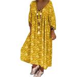 Robes fleuries jaunes à fleurs midi à manches trois-quart à col en V Taille 3 XL plus size look casual pour femme 