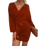 Robes pull d'automne rouges à perles à col en V Taille M look fashion pour femme 