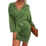 Robes pull d'automne vertes à perles à col en V Taille S look fashion pour femme 