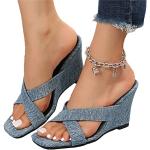 Sandales à talons bleus clairs en toile à talons compensés à bouts carrés Pointure 36 avec un talon entre 5 et 7cm look fashion pour femme 