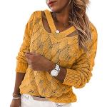 Pulls d'automne jaunes à mailles à manches longues à col en V Taille XL plus size look fashion pour femme 