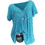 T-shirts col V bleus à fleurs à manches courtes à col en V Taille 3 XL plus size look fashion pour femme 