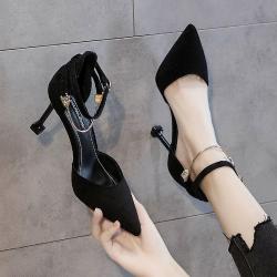 Chaussures professionnelles noires en daim à talons hauts pointus pour femmes, chaussures professionnelles Sexy et noires avec boucle en un mot, automne et hiver