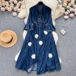 Robes de soirée longues d'automne bleues à fleurs en polyester à motif papillons longues Taille XXL plus size look fashion pour femme 
