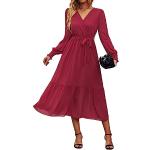 Robes de soirée longues rouges à effet froissé en polyester à volants midi à manches longues à col en V Taille M look casual pour femme 