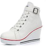 PADGENE Baskets Mode Compensées Montante Sneakers Tennis Chaussures Casuel Toile Femme (42 EU, Blanc Boucle)