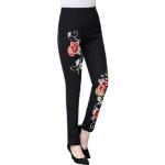 Pantalons taille haute noirs en denim délavés à motif fleurs stretch dos ouvert Taille XL look fashion pour femme 