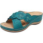 Sandales plates bleues à pompons à talons compensés à bouts ronds Pointure 35 look sportif pour femme 