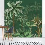 Papier peint intissé 250 cm X 250 cm, décoration murale intérieure, illustration forêt tropicale verte foncée.