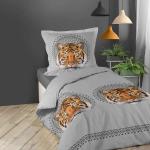 Linge de lit Paris Prix gris à effet tigré à motif tigres 140x200 cm en promo 
