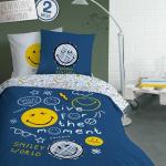 Housses de couette Smiley bleues en coton éco-responsable 140x200 cm pour enfant 